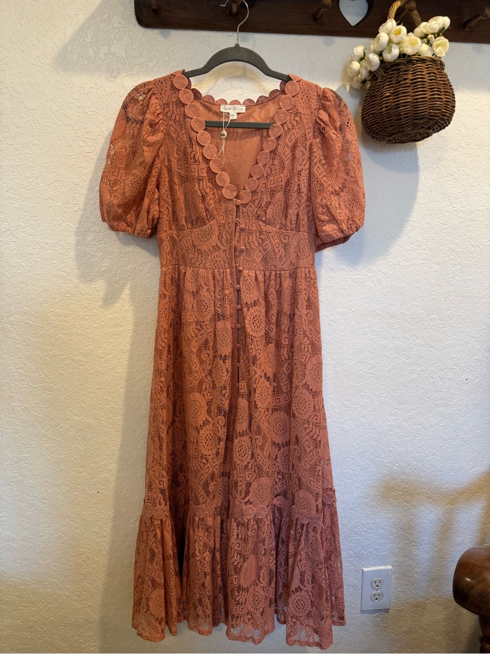 bohme Rust Lace Midi Dress with Puff Sleeves